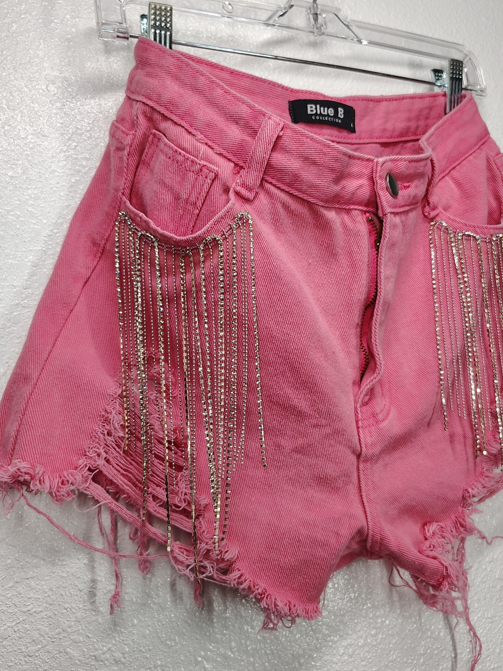 Blue B Collection - Pink Fringe Denim Shorts w/ Rhinestone Chains - Size 0